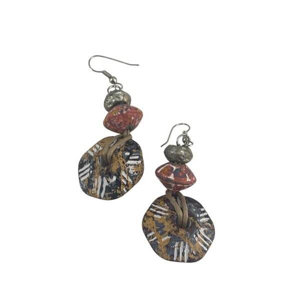 Handcrafted Tribal-Inspired Dangle Earrings Painted Ceramic Beads & Leather Boho - Picture 3 of 5